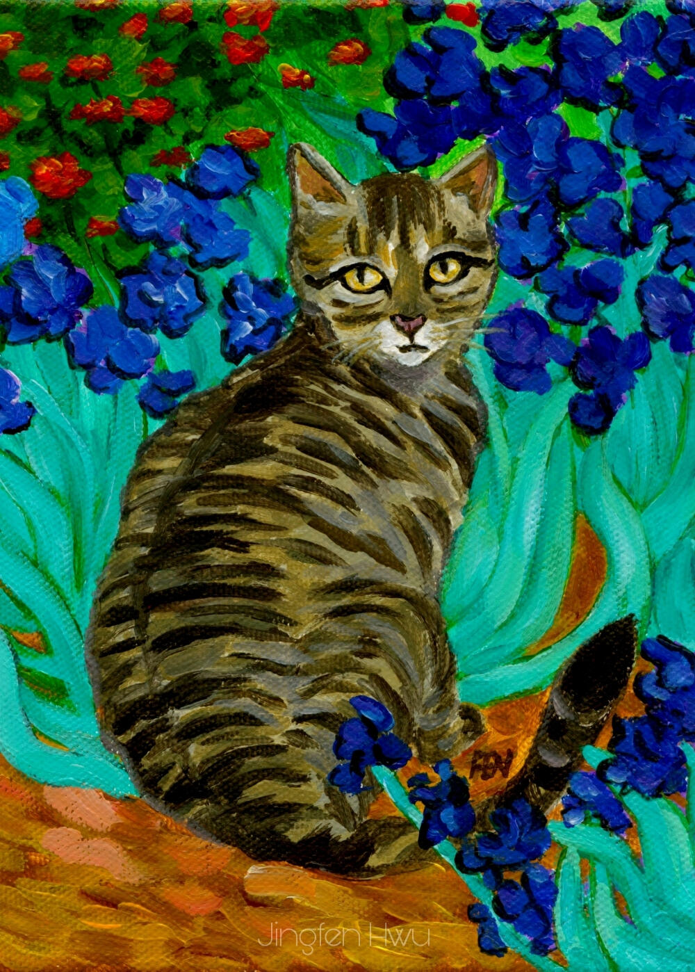 The Cat At Van Gogh&#39;s Irises Garden by Jingfen Hwu